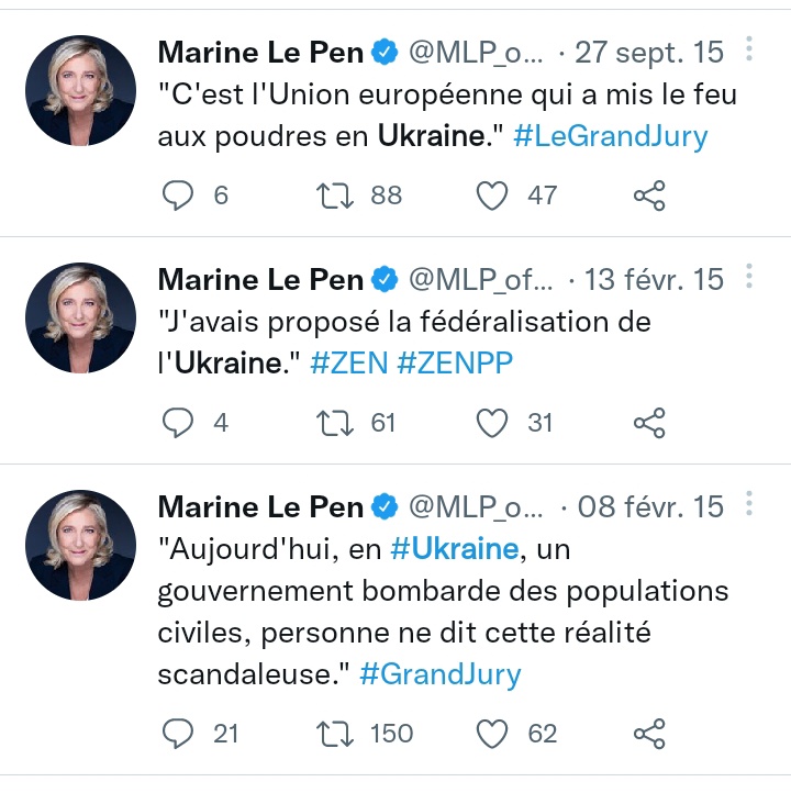fernandfilback's tweet photo. @MarcGral J'espère que les Ukrainiens se souviendront que marine le Pen les a toujours soutenus
Hein.. 😏

Elle qui avait proposé leur fédéralisation sic
Et autres insanités 
#LeRNentretientdesliensaveclaRussie https://t.co/4WHWQAHAqL