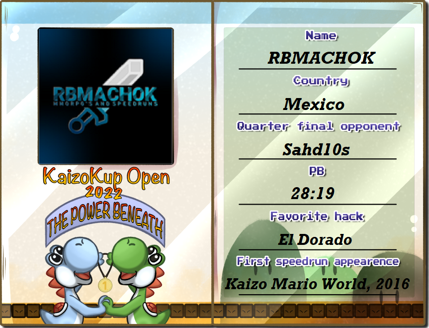 Presenting mexican Kaizo legend, <a href="/rbmachok/">RBMACHOK</a> . He is a staple in the community, doing speedruns for over six years! He certainly is a favorite to win it all and at least he will be the winner of our hears, being super kind and helpful all the time!