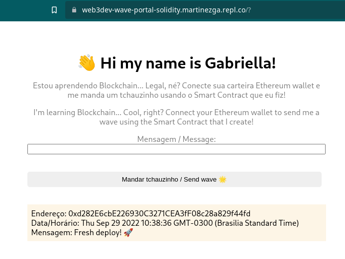 martinezgapro's tweet image. Terminei todo o bootcamp! Obrigada @Web3dev_ por o conteudo.
Vocês puderam me enviar um tchauzinho aqui👋 …ve-portal-solidity.martinezga.repl.co
bootcamp.web3dev.com.br/courses/Solidi…
#SoliditySmartContracts #Inovadoras #blockchain #solidity