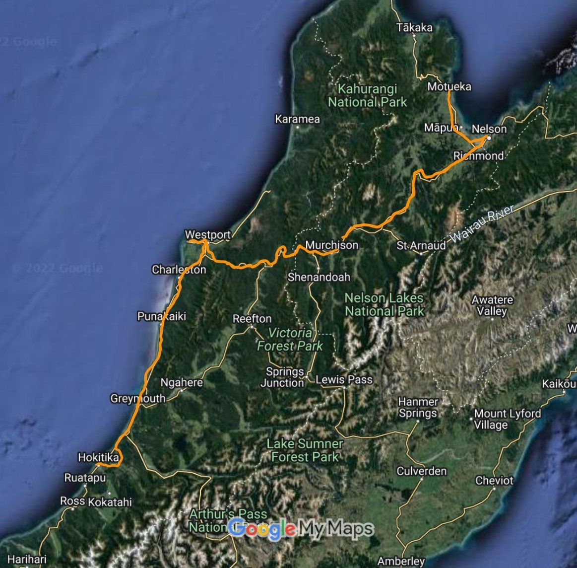 Image of a map leading from Abel Tasman Park to Westport to Hokitika