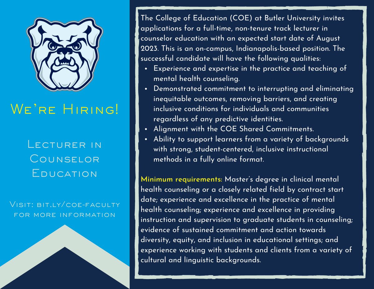 ButlerCEHD's tweet photo. Come be our colleague! COE invites applications for a full-time, non-tenure track lecturer in counselor education W/expected start date of August 2023. This is an on-campus, Indianapolis-based position.

Visit: https://t.co/0zdTqgXMT6 for more information. https://t.co/ezIHGiNxfC