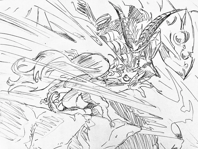 デュエプレのメンテナンスが明けないので、ボルバルザークエクスと戦うギガメンテを描きました 