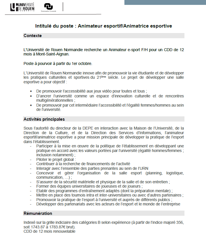 NicoBesombes's tweet photo. [Offre d'emploi - Animateur.trice esport]
L'@univrouen et le @LaboCETAPS recherchent une personne disponible pour manager et animer les séances de pratique esportive au sein de l'Université.
Un poste stimulant et ambitieux au sein d'une institution. 
https://t.co/dSR2bo3EGI https://t.co/FtfN1MxpCn