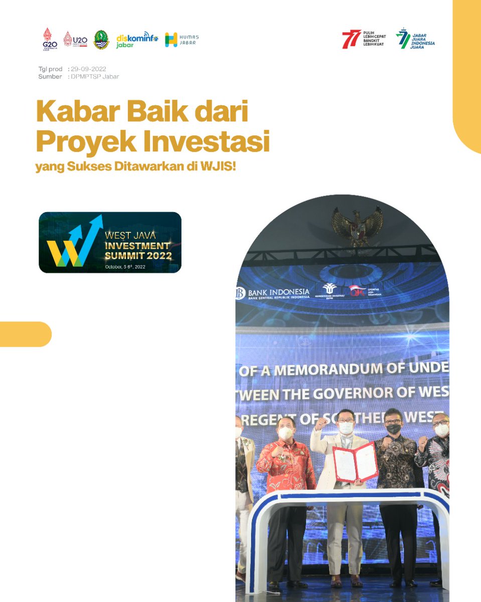 humasjabar's tweet photo. Yuk wargi! Kita dukung dan doakan agar semua proyek investasi berjalan lancar, ya wargi terluvv ๐ค
@ridwankamil @dpmptspjabar
#JabarJuara #RidwanKamil #WJIS2022 #SecuringTheNewFuture #ThinkInvestmentThinkWestJava #JabarGreenInvestment #InvestasiUntukMasaDepan https://t.co/gN94hTIivu
