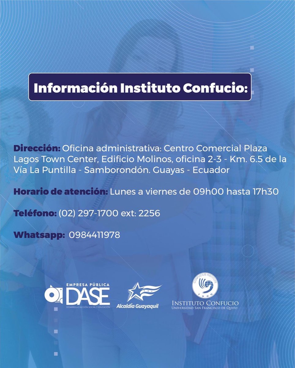 DASEAlcaldiaGye's tweet photo. ¡Postulaciones abiertas! 🙌🏻

Becas 100% gratuitas del idioma mandarín. 💪🏻

✅Revisa en este post todos los requisitos para postular. Contáctate directamente con el Instituto Confucio a través de los diferentes medios que se exponen en esta publicación. https://t.co/N8i4jwbwdj