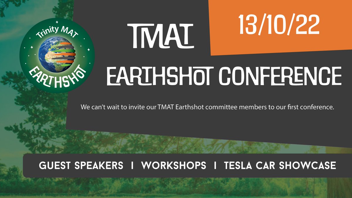RT @TMAT_Earthshot We can't wait to invite our Trinity MAT eco committee members to our first EVER Earthshot Conference! 🌍🙌 On 13 October 2022, our ambassadors will take part in exciting workshops, hear from inspirational guest speakers and check out a Tesla Car Showcase 🔋💬 #TMATEarthshot