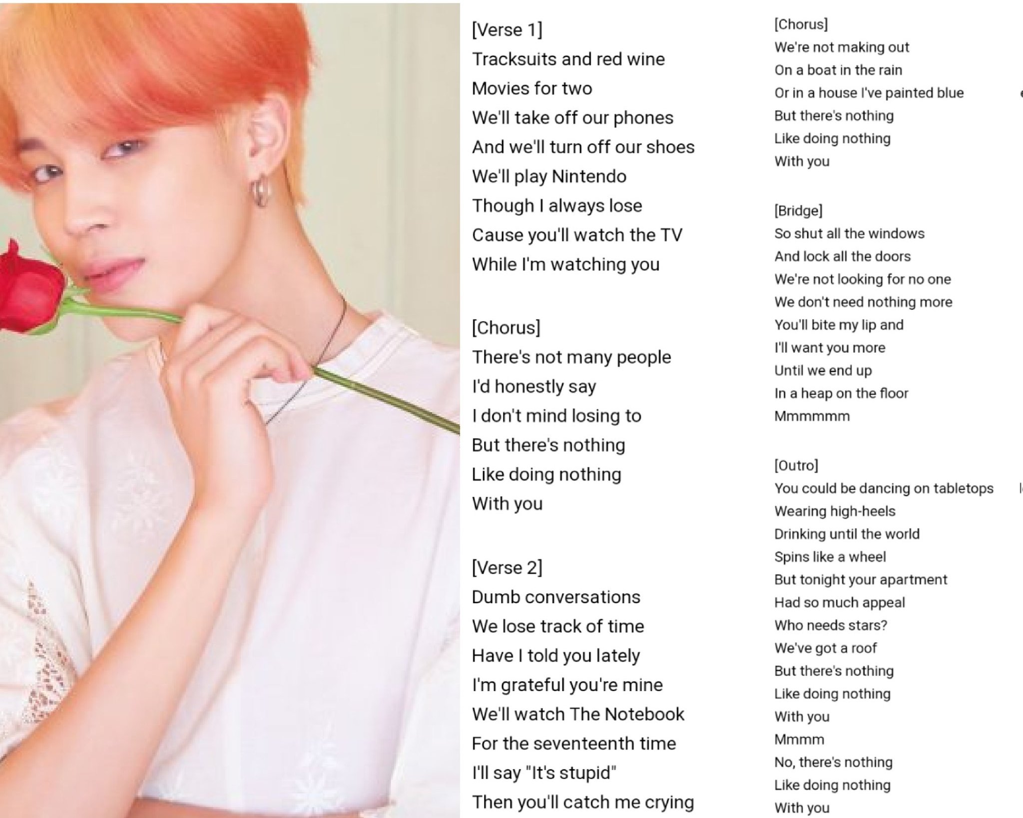 JIMIN DATA on X: 🗣 If you were to produce a documentary about yourself,  what song would you like to pick for the end credits? 🐥 “Nothing” by Bruno  Major. I think
