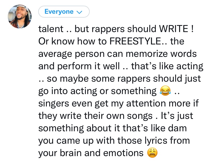 LaRicoBeamon's tweet photo. Singers get a pass for not writing because singing is still a talent thats just as important as writing .. but without writing what do y’all see in rappers that DONT write their music . Your not getting them as a artist because those lyrics are coming from someone else’s brain/ https://t.co/Hz8nzBJek5