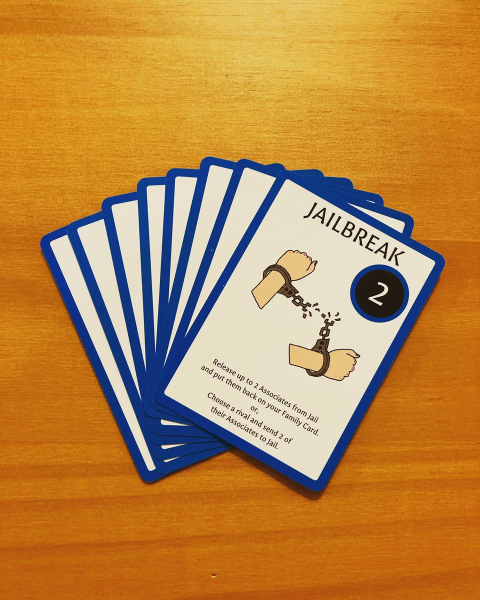 Draw a ‘Jailbreak’ card and you can recover 1, 2 or 3 of your Associates from Jail. Place them back on your ‘Family Card’ and they will protect you from attack.

#cardgames #boardgames #ttrpg #mafia #kickstarter #jailbreak #associates #gangsters
