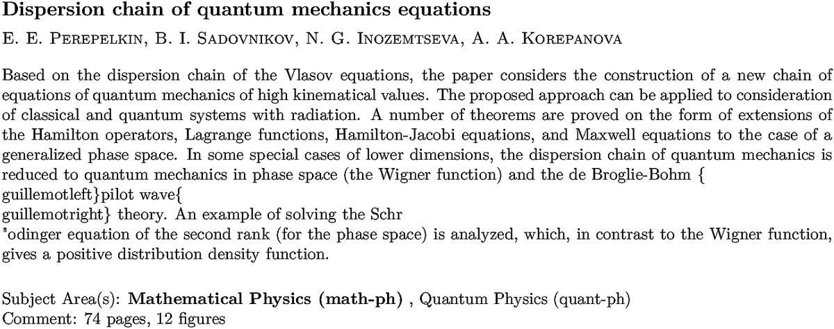 arXiv_math_ph's tweet photo. https://t.co/wV3Qb6Q1OP
E E Perepelkin et. al.
Dispersion chain of quantum mechanics equations https://t.co/mkQ2nE81L0