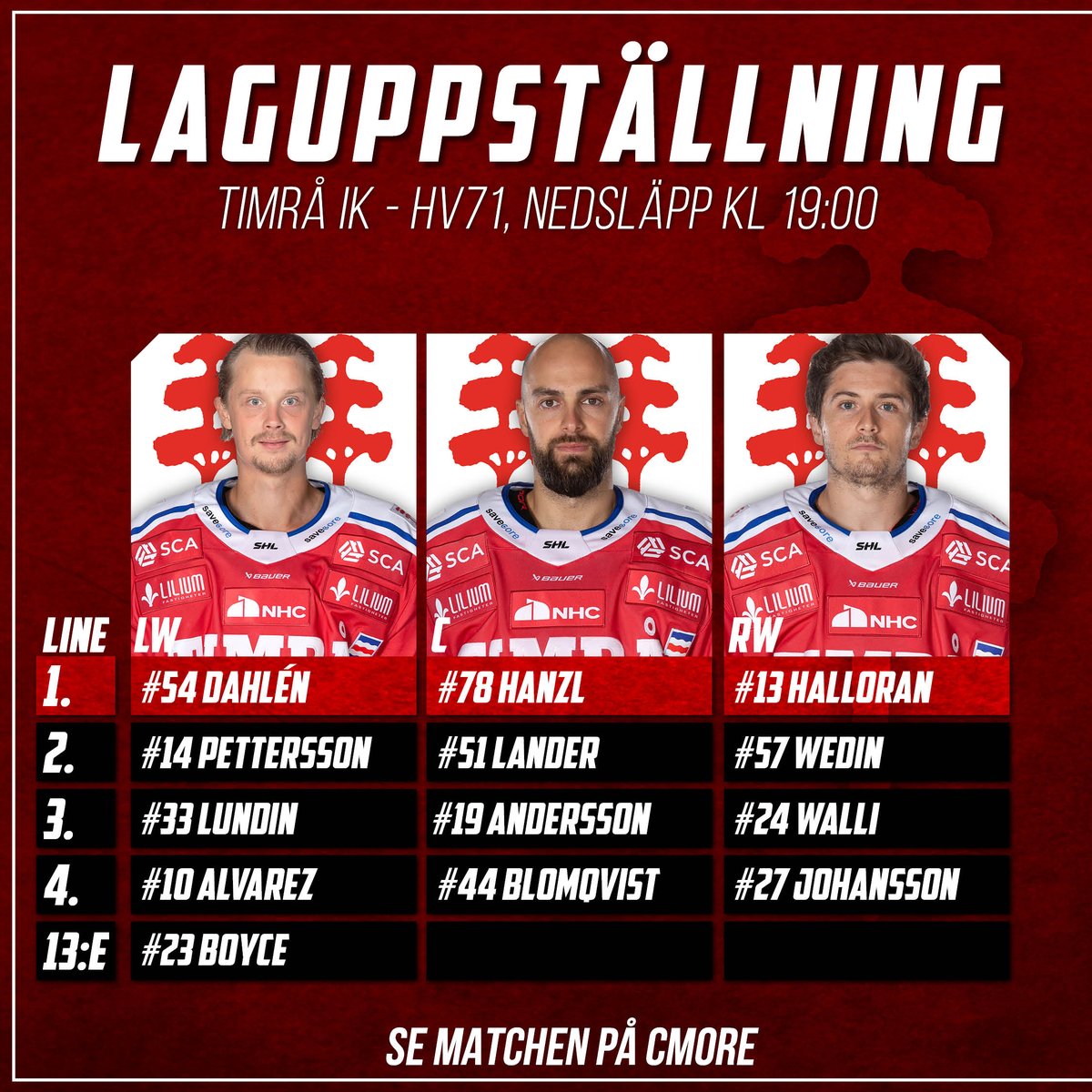 timra_ik's tweet photo. Om två timmar släpps pucken i NHC Arena! Här är laget som dig sig an HV71! #timraik

Frånvaro: https://t.co/iq5A1kWpsg https://t.co/ynJrFUF8kw