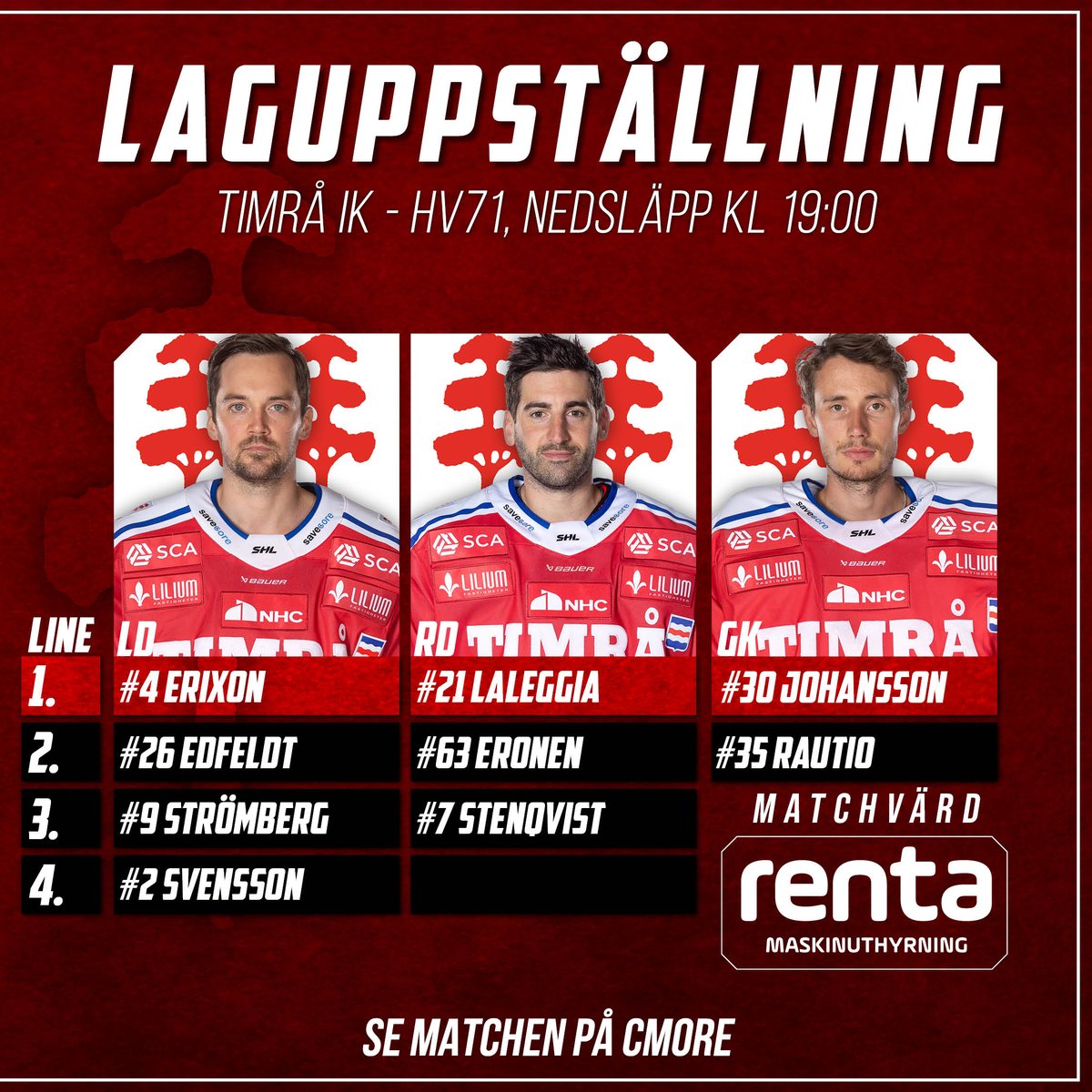 timra_ik's tweet photo. Om två timmar släpps pucken i NHC Arena! Här är laget som dig sig an HV71! #timraik

Frånvaro: https://t.co/iq5A1kWpsg https://t.co/ynJrFUF8kw