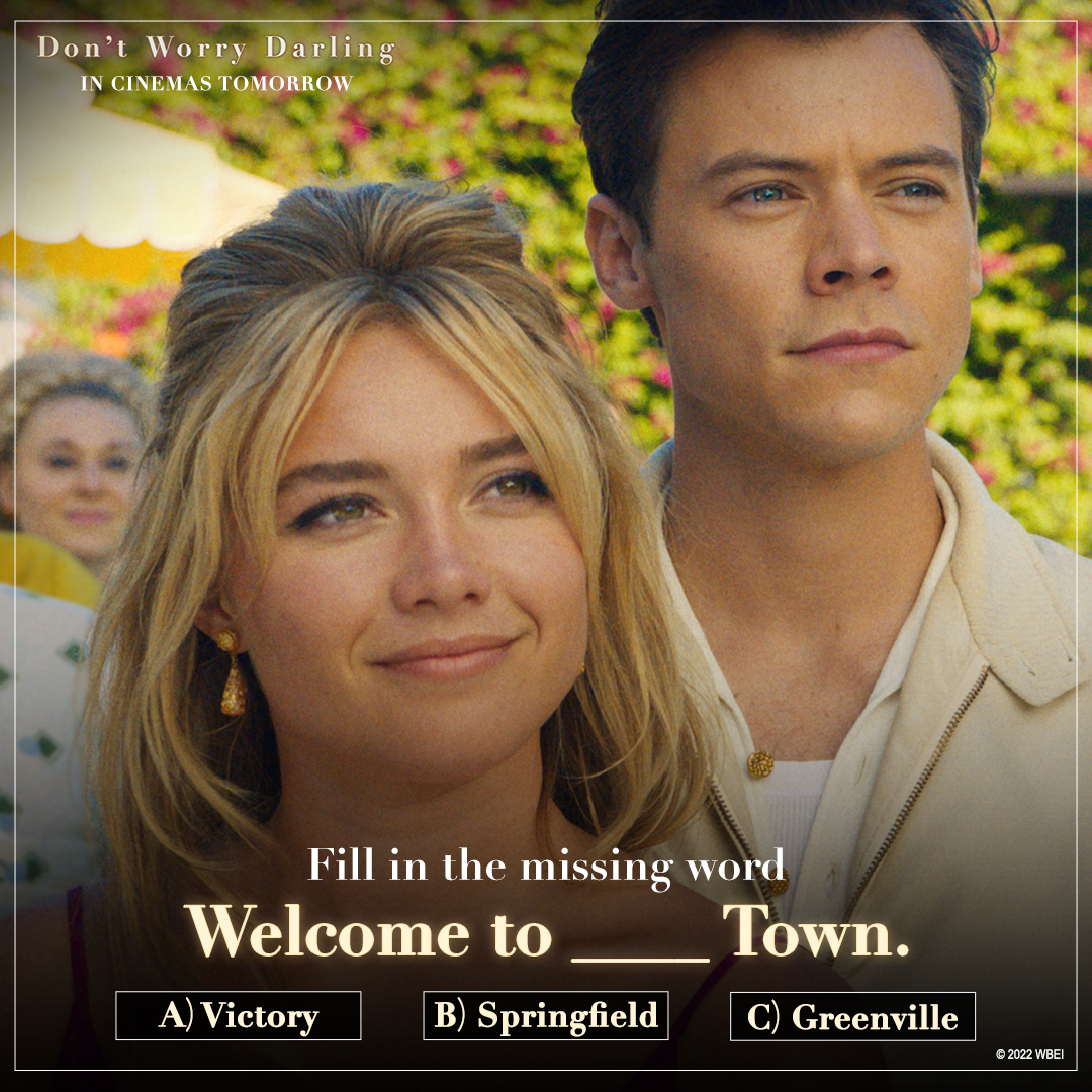 WarnerBrosIndia's tweet image. #Question1 of the #DontWorryDarlingContestIndia

This town is a utopian dream! 

Participate in the Contest and stand a chance to win exclusive WB movie merchandise.

Contest Rules in the comments below. 

#WarnerBrosIndia #DontWorryDarling #ContestAlert