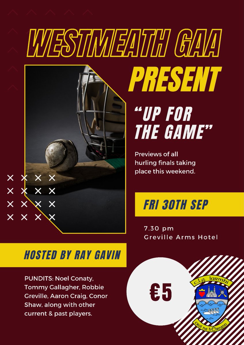 A reminder that Westmeath GAA's Hurling 'Up For The Game' takes place at 7.30PM tomorrow night in the Greville Arms Hotel.
Tickets for the event can be purchased via universe.com/users/westmeat….
All support is greatly appreciated!!!!
#westmeathgaa
#whclubchamp2022