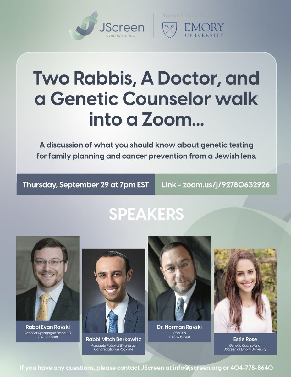 CountyOBGYN's tweet photo. TONIGHT at 7pm!

Please join this interesting webinar to hear Dr. Norman Ravski discuss genetic testing for patients of Jewish descent with his son, Rabbi Evan Ravski, his son-in-law, Rabbi Mitchell Berkowitz and genetic counselor, Estie Rose.

https://t.co/7NK5D3Pqlc https://t.co/xzUD6ec6D7