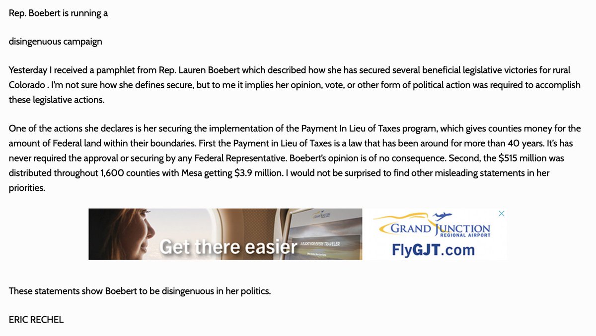 Another letter to the editor, this time from Eric in Grand Junction. People are waking up to Boebert's lies and hypocrisy. We have just over five weeks to continue to spread the message. #BoebertIsZeroFor39
