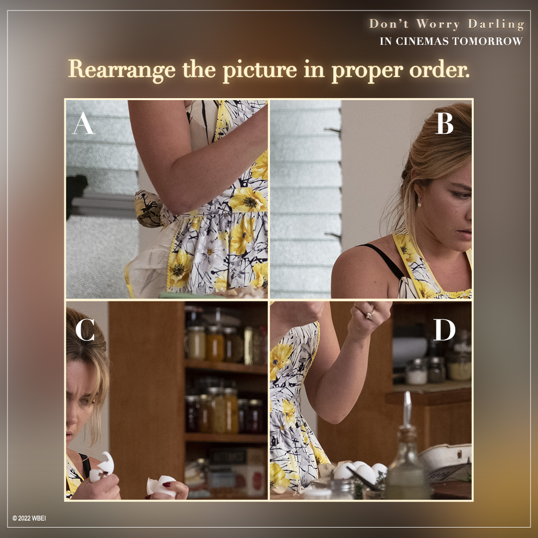 WarnerBrosIndia's tweet image. #Question3 of the #DontWorryDarlingContestIndia

The true mystery lies in the unarranged pieces of the picture.

Participate in the Contest and stand a chance to win exclusive WB movie merchandise.

Contest Rules in the comments below.

#DontWorryDarling #ContestAlert
