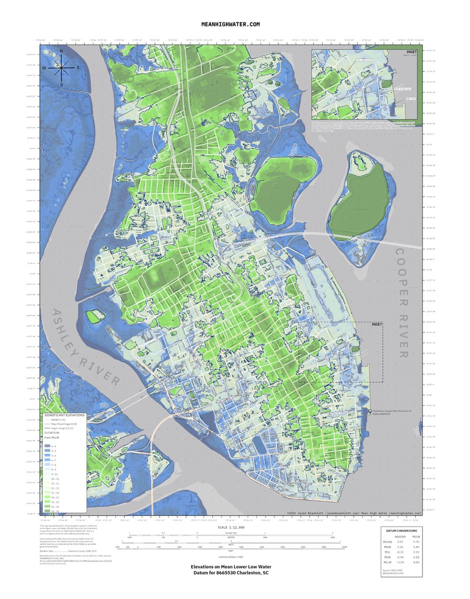 JTBramblett's tweet photo. You will hear a lot about tide elevations over the next few days as #HurricaneIan moves through #Charleston. Tide levels often reference MLLW datum, so I created this map to help you understand what these elevations mean across the Peninsula.🧵cc: @chswx https://t.co/FtGxe05jcF