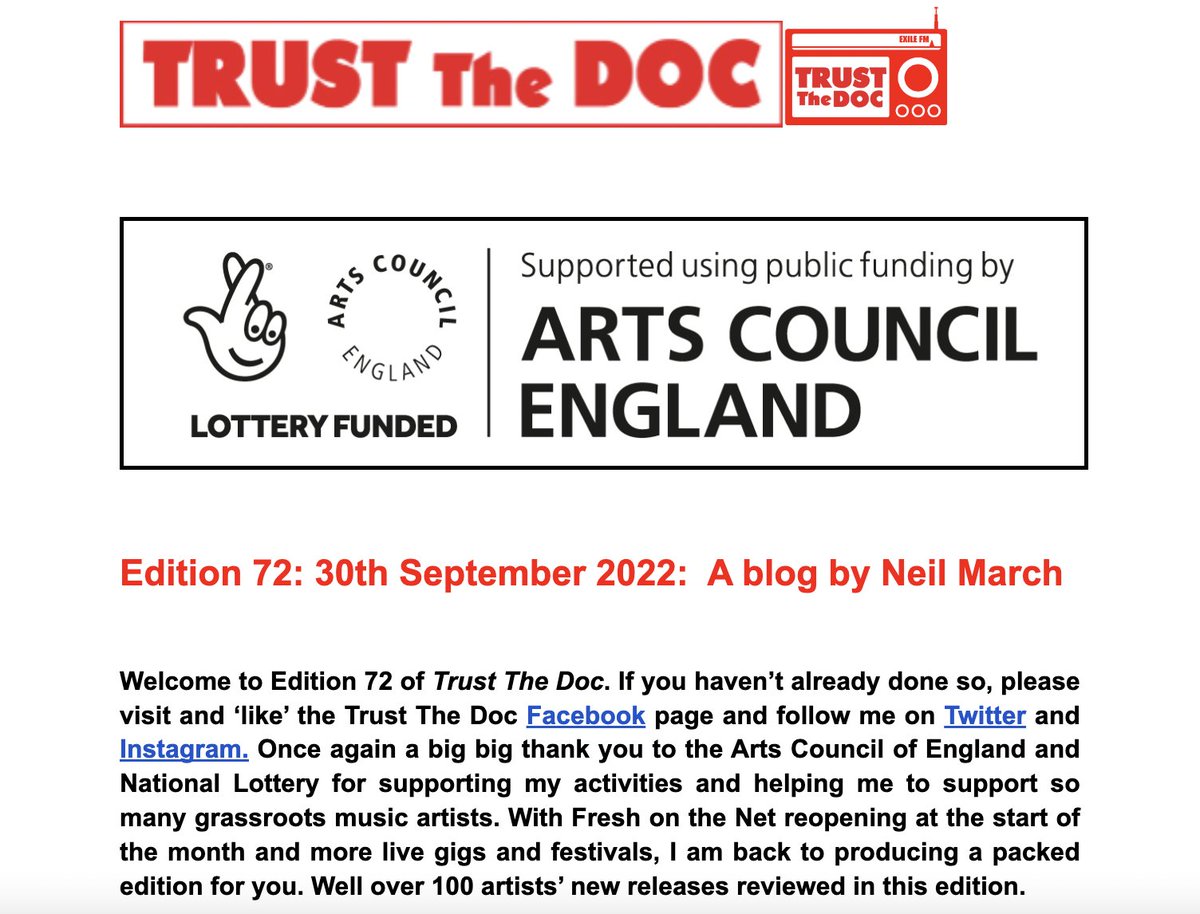 TrustTheDocUK's tweet photo. Ed 72 #TrustTheDoc blog is published with news, info &amp; over 100 reviews of new music incl:
#GeorgeAlexander @FuzzeeM #DeniseMendes #RoccoK @SaysSiddhartha @d_lings_ #CaitlinLM @marthabean @LornaDeaMusic @Rosey_Roisin @lizzyhardingham @GregAtkiMusic + ....
https://t.co/PG6GtQAAJA https://t.co/6zOwiceDEp
