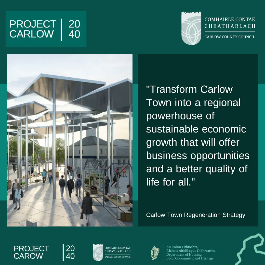 The long-term vision of the Project Carlow 2040 Regeneration Strategy is to enhance the vitality and viability of Carlow Town Centre.
Find details at buff.ly/3CjQSQa
#Carlow2040 #inCarlow  
<a href="/Carlow_Co_Co/">CarlowCountyCouncil</a> @carlowleo <a href="/carlowchamber/">County Carlow Chamber</a> <a href="/CarlowPPN/">Carlow PPN</a> <a href="/LocalGovIre/">Local Government Ireland</a>