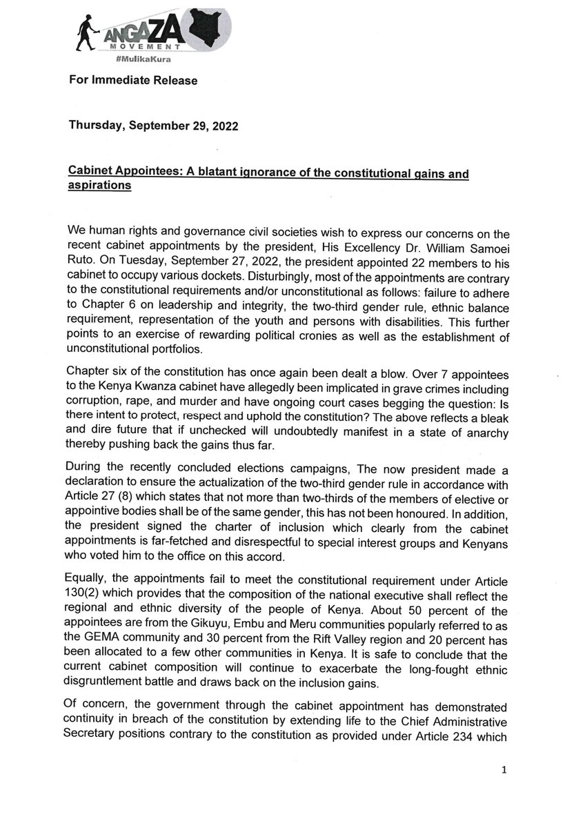 Our statement on the Cabinet Appointees by President <a href="/WilliamsRuto/">William Samoei Ruto, PhD</a>. This is a blatant ignorance of the constitutional gains and aspirations cc <a href="/thekhrc/">KHRC</a> <a href="/CSONetwork/">CSONetwork</a> <a href="/MUHURIkenya/">Muslims for Human Rights (MUHURI)</a>