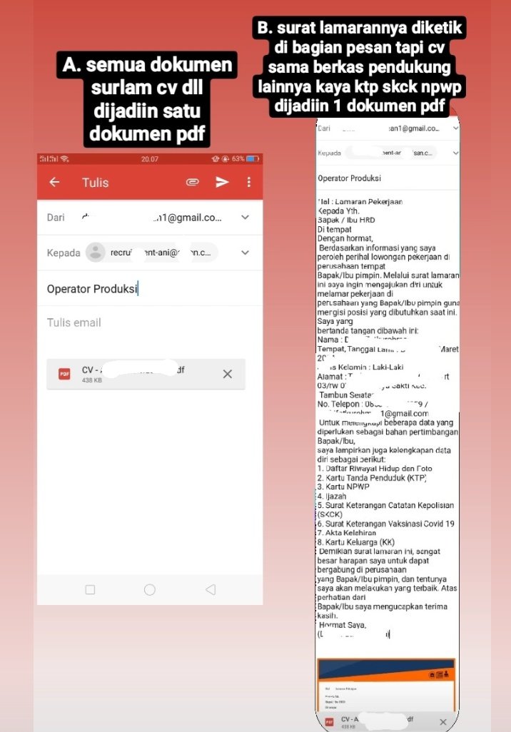 worksfess's tweet photo. work! kalo mau lamar via email itu tata cara kirimnya tuh yg bener A atau B ya guys?  Sender panik karna selama ini sender make cara yg A tpi kata temen sender yg bener itu B 😭😭😫😫 tia https://t.co/SfPJvIypnV