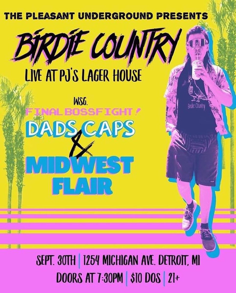 Detroit tomorrow at <a href="/PJsLager_House/">PJ's Lager House</a>! Opening up the night we’ve got <a href="/MidwestFlairMI/">Mark</a>, <a href="/DadCaps2/">Dad Caps</a>, and <a href="/FinalBossFight1/">FinalBossFight!</a>. Show presented by  #ThePleasantUnderground.
Doors at 7:30. Let’s boogie.