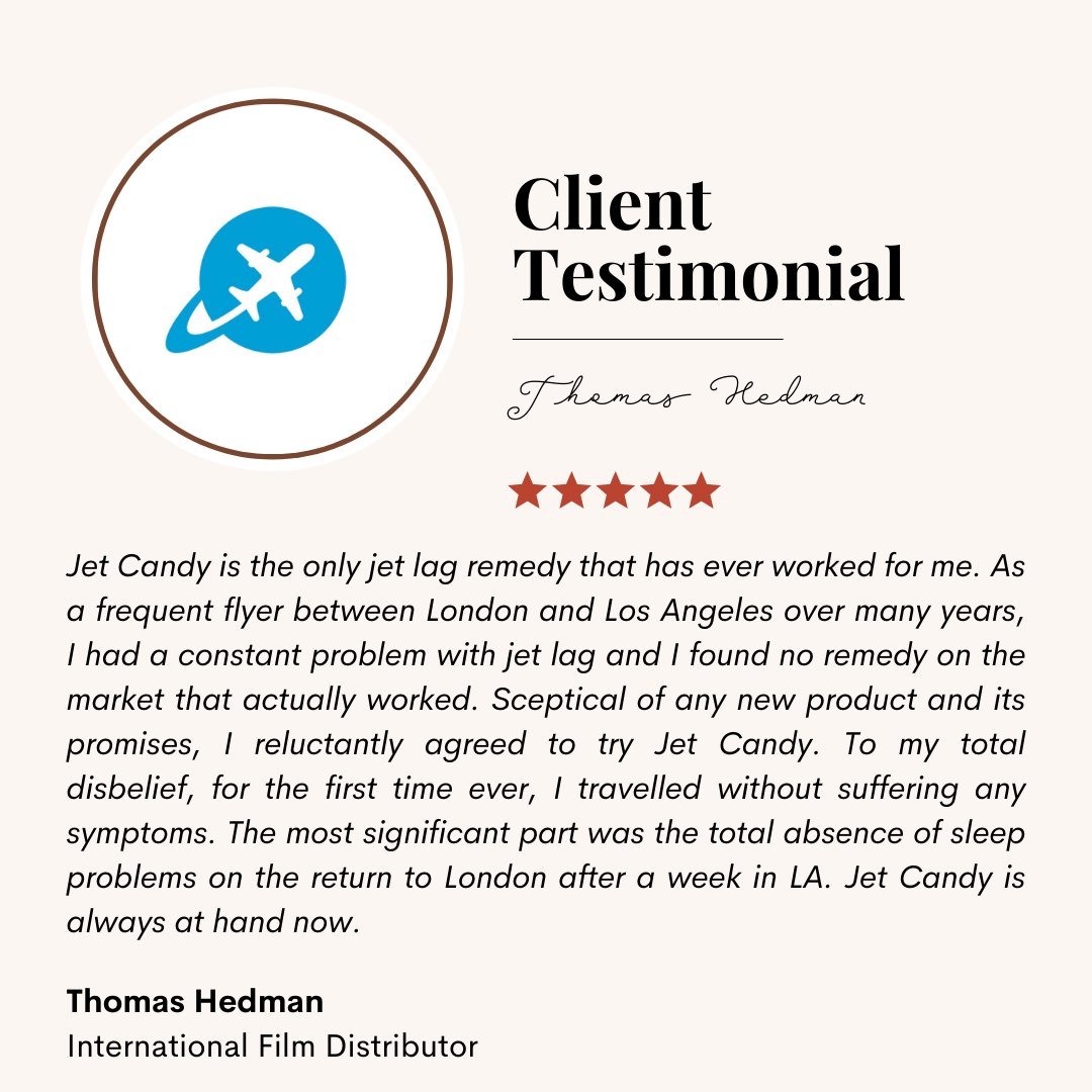 JetCandyTravel's tweet image. Don't just take our word for it - here's what international film distributor Thomas Hedman had to say about travelling jet lag free with Jet Candy! #JetCandy #FlyWithJetCandy #SayGoodbyeToJetLag #Travel #TravelBetterNaturally #AsEssentialAsYourPassport #JetCandyTestimonials