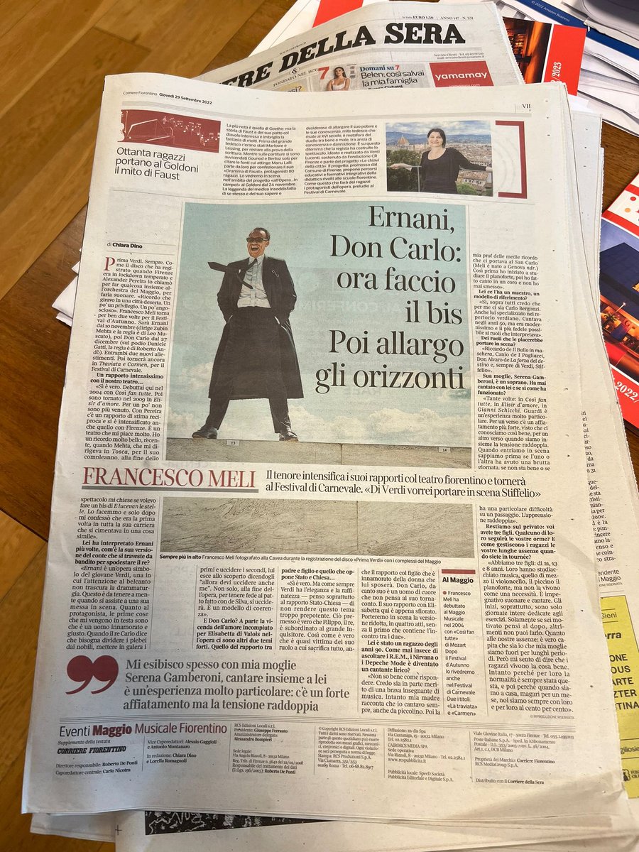 FMeli_tenor's tweet photo. Oggi sul @corrierefirenze , intervistato da Chiara Dino. Inizia stasera il Festival Verdi del @maggiomusicale , #toixtre ai miei fantastici colleghi impegnati nel #Trovatore 🍀 Io sarò #Ernani e #DonCarlo a novembre e dicembre, #Alfredo a febbraio 2023.
#PrimaVerdi‼️ https://t.co/TJFNLKQfxR