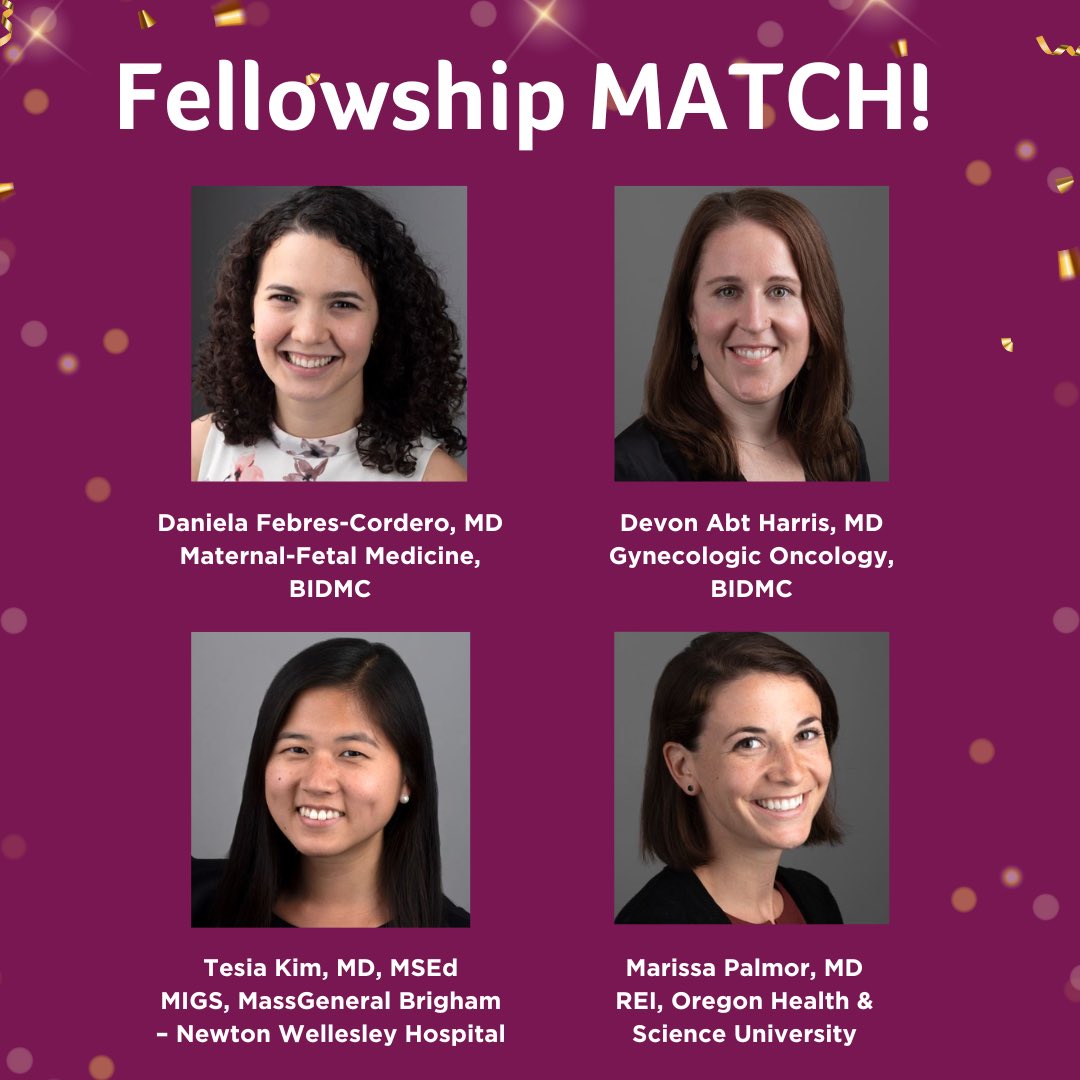 bidmcobgynrez's tweet photo. CONGRATULATIONS to four of our incredible Chief Residents for their fellowship matches! We are SO proud of you!
#futureOBGYNs #fellowshipmatch #OBGYNmatch #matchday #MFMmatch #REIfellowship #GynOncfellowship #MIGS #thefutureisbright⭐️⭐️⭐️⭐️ https://t.co/tT9OwInj3F