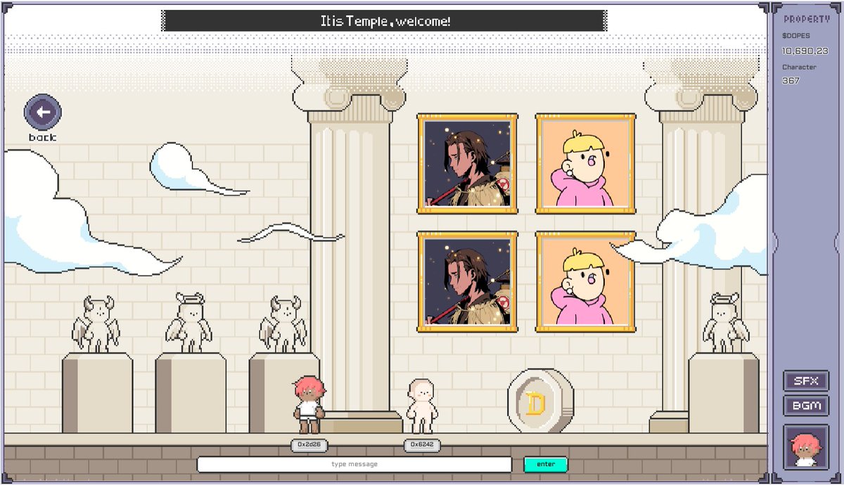 It is always good to build something fun during the bear market.🐻🏛️
Temple is a place for Web3 advertisement where you can display your NFTs.
Check out <a href="/BobuBeanFarmer/">Bobu the Bean Farmer</a> and <a href="/doodles/">doodles</a> 😍
inside dope.voyage