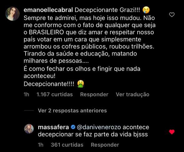 whomath's tweet photo. simplesmente grazi massafera sem muita paciência com bolsominion depois que declarou voto em lula https://t.co/crpJYqSxPZ