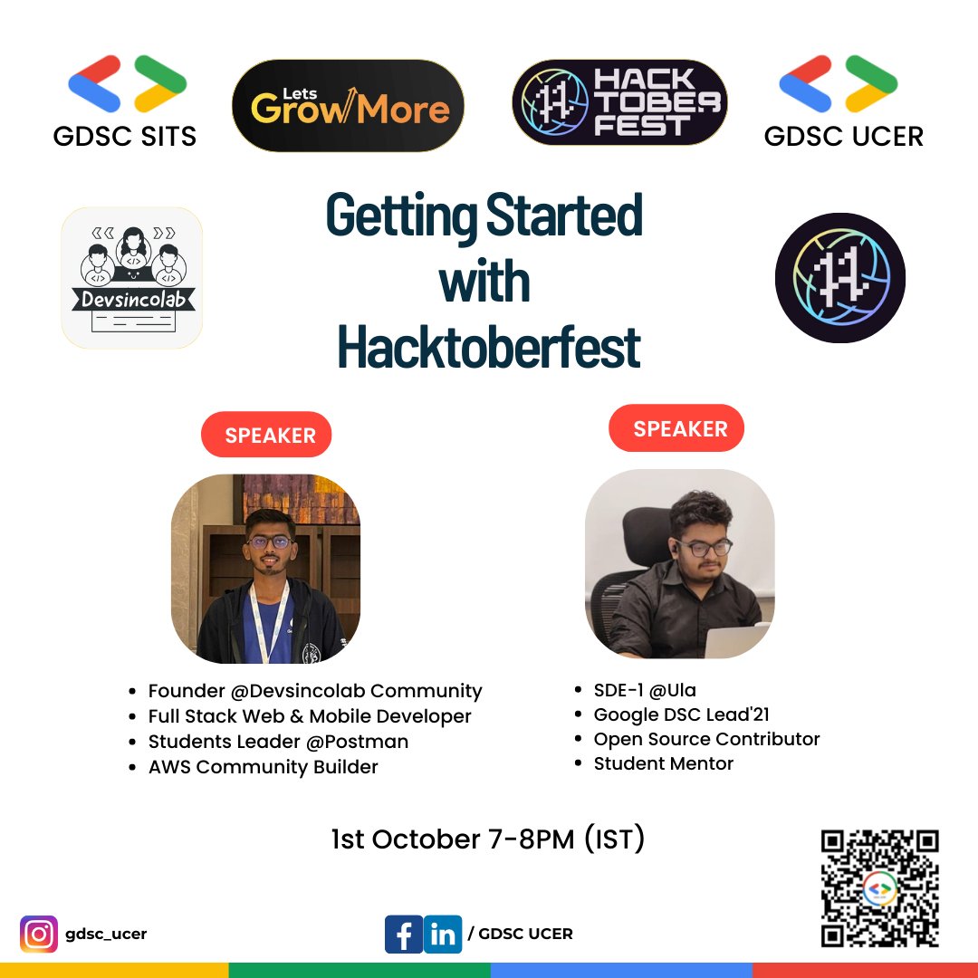 gdsc_ucer's tweet photo. t's finally October of Hacktoberfest! 
Wondering what Hacktoberfest is?
Join our session "Getting Started with Hacktoberfest" on 1st of October, 7-8 pm (IST) and learn everything you need to know before becoming a contributor.
Link to regiter for the talk!
https://t.co/bAVXz0riPl https://t.co/gPpYhsMlnx