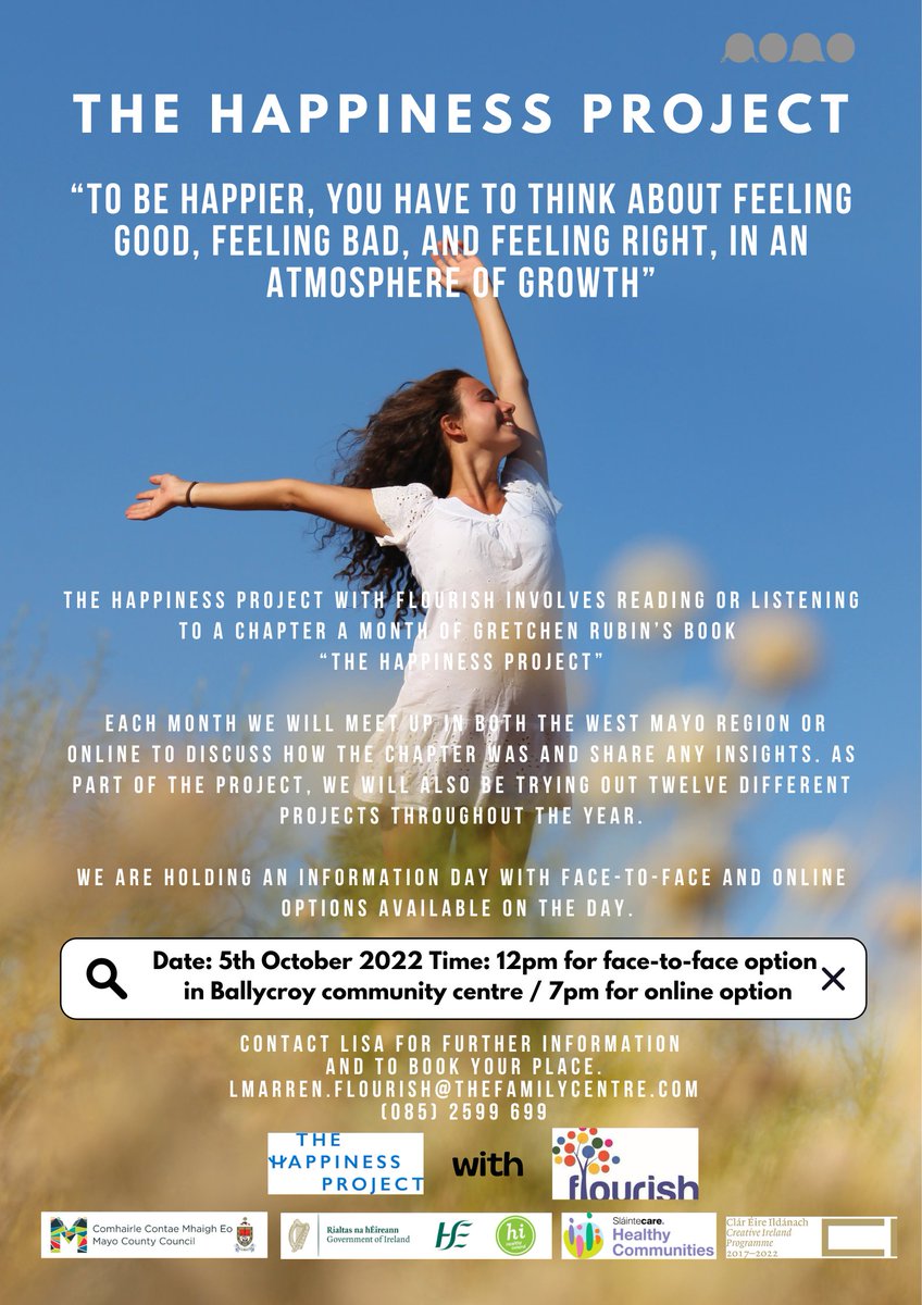FlourishMayo's tweet photo. Join us for The Happiness Project in Ballycroy next Wednesday 5th October at 12pm with an online option at 7pm. Contact Lisa at the details below or for booking, follow the link: https://t.co/pv0dEJowhf 
@MayoArtsOffice @CHO2west @CreativeIreland @MayoLibrary 
#SocialPrescribing https://t.co/jZtvYdZZ1Z