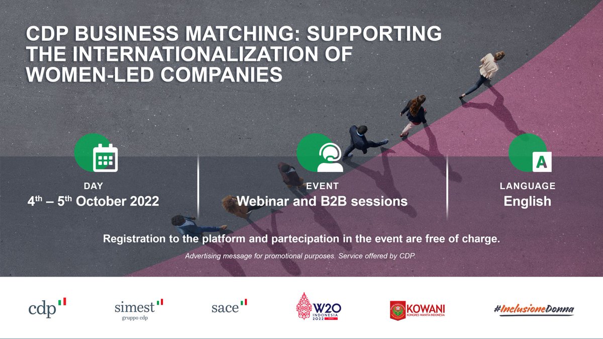 On the 4th of October, #BarbaraDeDonno, Secretary General of #ICCItalia, will partecipate in the digital event '#CDPBusinessMatching: supporting the internationalization of women-led companies', organized by @GruppoCDP  together @SIMEST_IT and @W20Women
👉🏻bit.ly/3RmY5mI