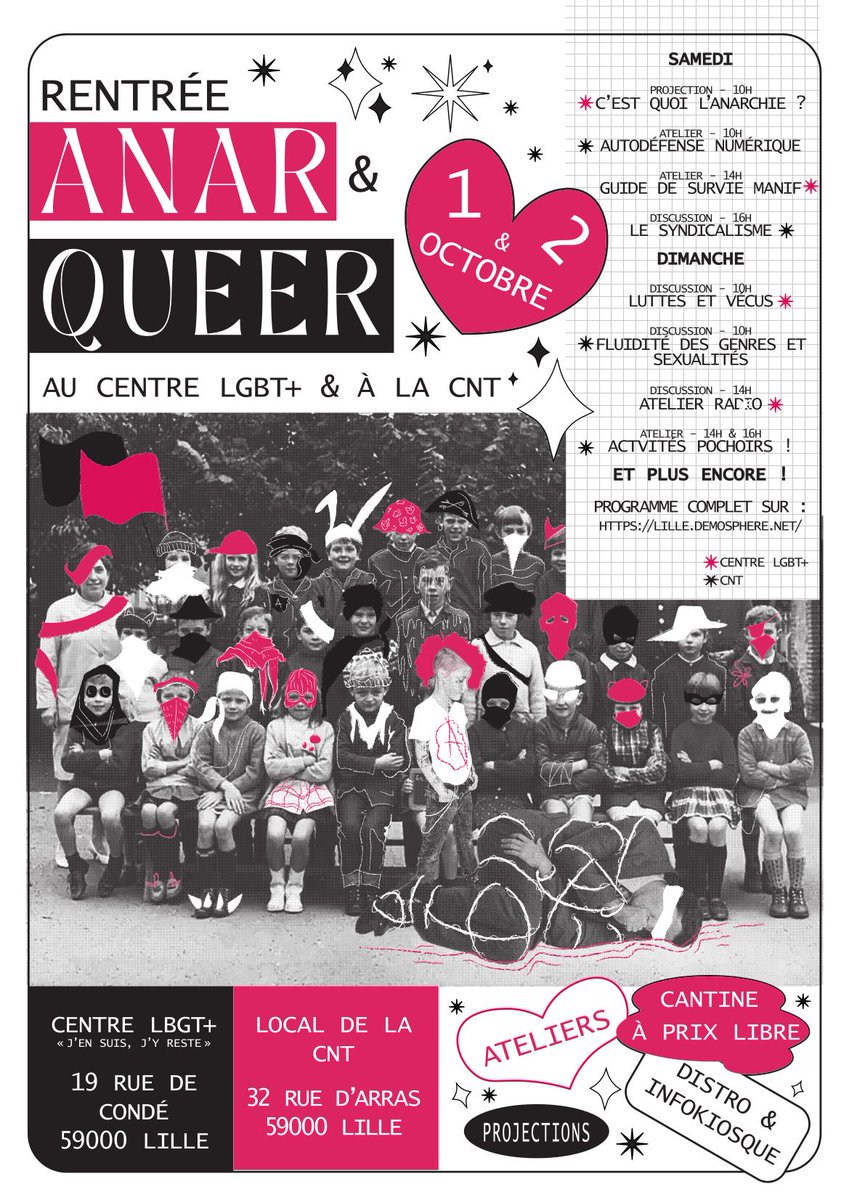 LilleInsurgee's tweet photo. 🏴 RENTRÉE ANARCHISTE / QUEER À LILLE

« La rentrée anarchiste pointe le bout de son nez !

Le 1er et 2 octobre 2022 prend place au J’en Suis, J’y Reste (Centre LGBTQIF de Lille) et à la CNT un week-end d’activités, débats, discussions, ateliers, cantines et bar libertaire ! » https://t.co/V4JSzUZV2I