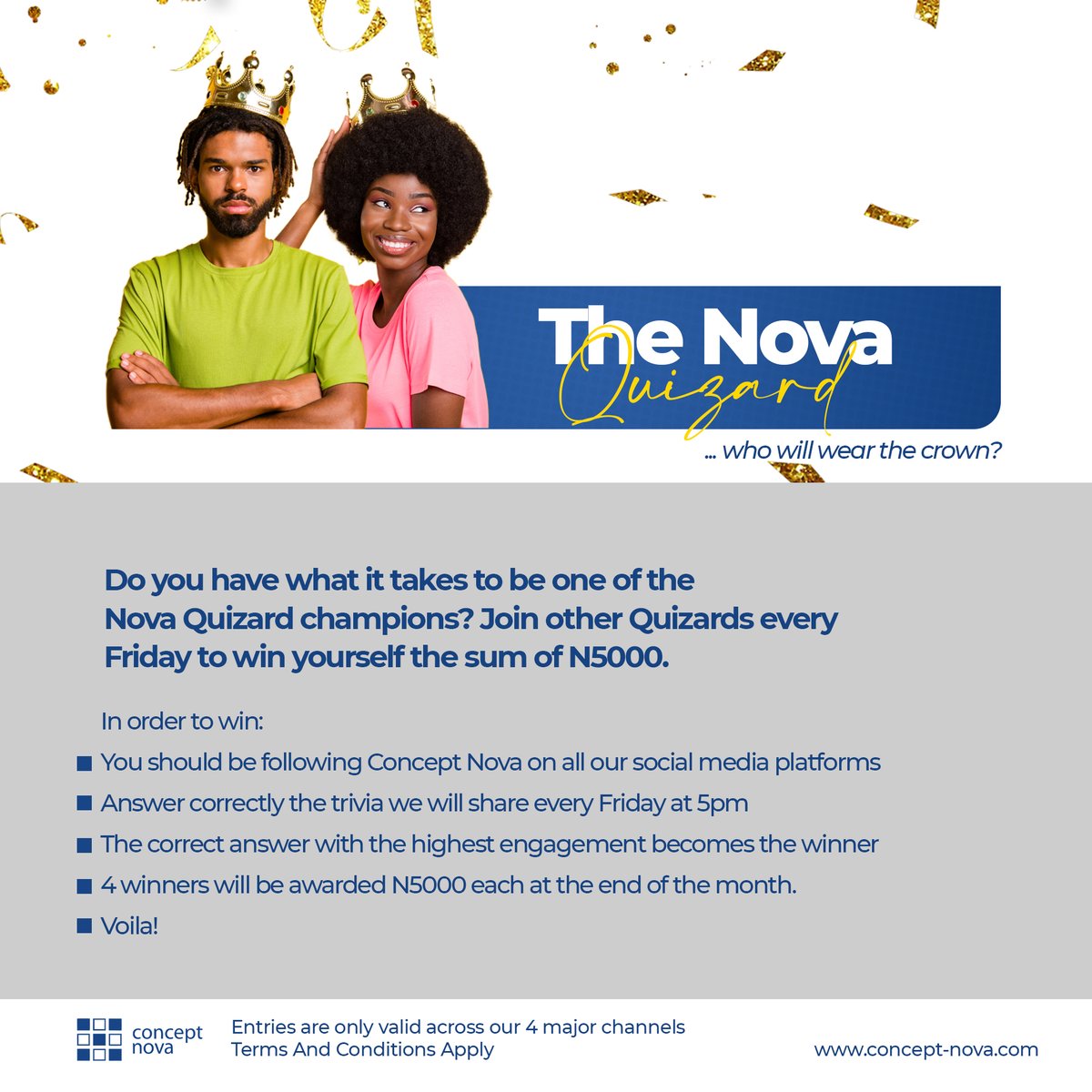 concept_nova's tweet photo. Who doesn't like to win a giveaway? To win N5,000 on the nova quizard all you have to do is follow the Instructions on the flier.

Email us at info@concept-nova.com, or call 08150880054.

Click - https://t.co/iWh6mGyi1M
#ThursdayThrowback #Quizard #ConceptNova #Nigerians #Sabinus https://t.co/g4PDfAZUlt