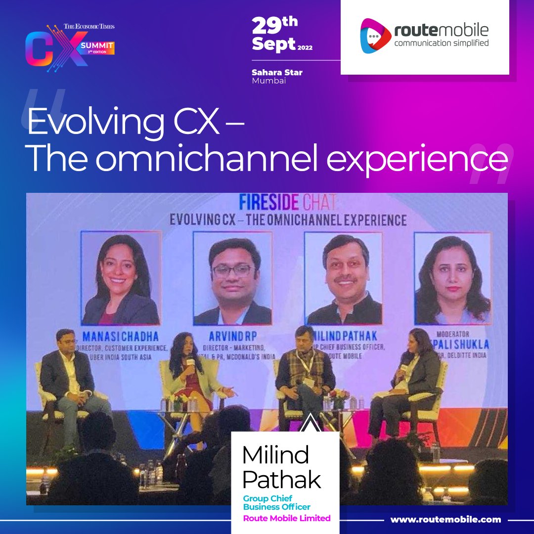 routemobile's tweet photo. Here is a glimpse of our Group CBO, Milind Pathak in conversation with his fellow panellists talking about 'Evolving CX - The omnichannel experience' at The Economic Times CX Summit 2022.
#EconomicTimes #ETCXSummit #CX #CPaaS #IndustryEvent #RouteMobile #RouteItRight https://t.co/22Pu3Ao2QK