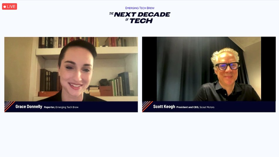 techbrewmb's tweet photo. Next up at the #emtechsummit: @gddonnelly22 in conversation with Scott Keogh, president and CEO of Scout Motors, a rebooted electric SUV and truck brand.

"Let's bring this iconic brand back. And let's bring it back electric. https://t.co/eIH3mtZVzK