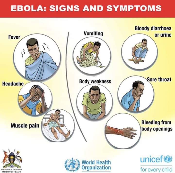 Following the Ebola outbreak in Uganda,  we urge the public to remain vigilant so that we collectively overcome it. 

In case anyone presents any of these signs and symptoms, please reach MOH on 0800-100-066 (toll free) or visit the nearest health facility.