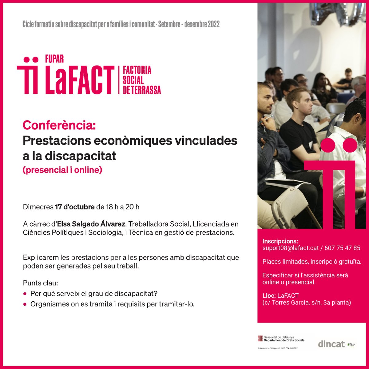 LaFACT_Fupar's tweet photo. ✍️ Pròxima conferència: Prestacions econòmiques vinculades a la discapacitat
📆 Dilluns 17 d’octubre de 18 a 20h 
👤 A càrrec d'Elsa Salgado Álvarez, Treballadora Social i Tècnica en gestió de prestacions.
📲 Presencial i online
📨 Inscripcions: suport08@lafact.cat o 607 75 47 85 https://t.co/WjmezHWBzD