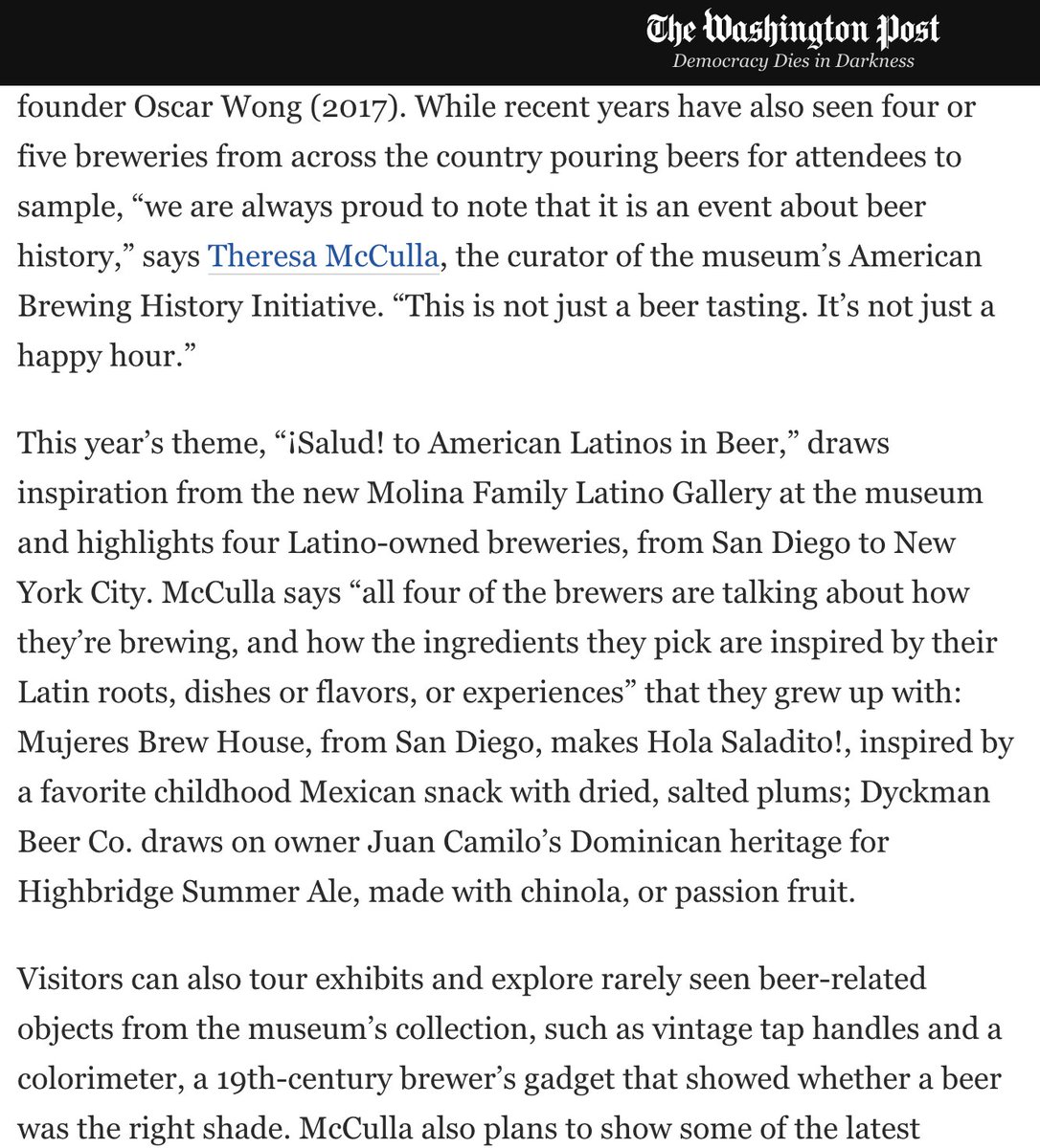 theresamccu's tweet image. 👀 In today's @washingtonpost I spy @DyckmanBeer and @mujeresbrewhouse, headed soon to @amhistorymuseum for 10/14 7-9 pm ET Last Call: ¡Salud! to American Latinos in Beer
Tix: event.etix.com/ticket/p/82221…
Press: wapo.st/3SCTduO 🔥
#beerhistory #beer #smithsonianfood #craftbeer