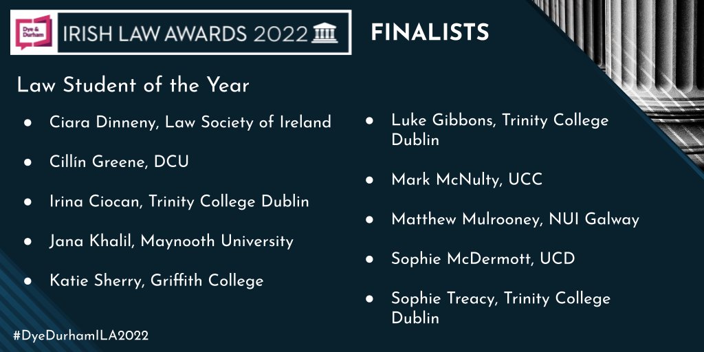 Well done to all of the finalists for Law Student of the Year..
<a href="/CillinGreene/">Cillín Greene</a> 
@markmcnul 
<a href="/SophieMcDLaw/">Soph</a> 

#DyeDurhamILA2022 #lawstudents #lawschool #law