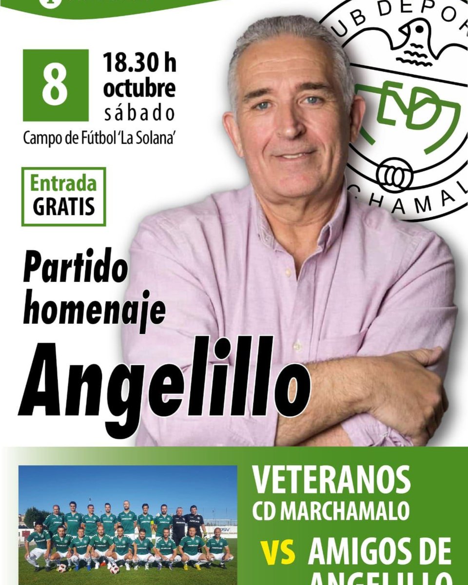 Por fin podemos hacer este merecidísimo homenaje a Angelillo que por la Pandemia no se pudo realizar antes.
Jugaremos un partido contra amigos de Angelillo en La solana.

🟢8 de Octubre a las 18:30H

El bar del campo permanecerá abierto.
Colaboran <a href="/AytoMarchamalo/">Ayto. Marchamalo</a> y <a href="/CD_Marchamalo/">CD Marchamalo</a>