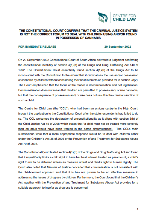 UPChildLaw's tweet photo. The Centre welcomes the ConCourt's decision which confirms that the criminal justice system is not the correct forum to deal with children using and/or found in possession of cannabis.  

See below the press statement and link to the judgment:

https://t.co/QLqor93iGP https://t.co/pDB886XCge