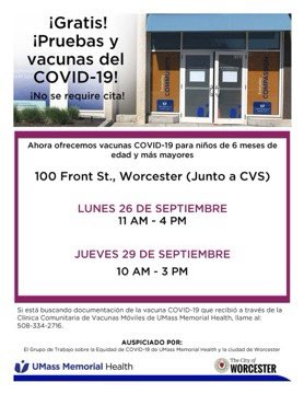 WorcesterDPH's tweet photo. #COVID19 PCR testing and vaccines/boosters are back at the @umassmemorial Mercantile Center today from 10 am - 3 pm…and they’ll be available every Monday and Thursday next month, too! October dates posted soon. https://t.co/OLEP76jO5c