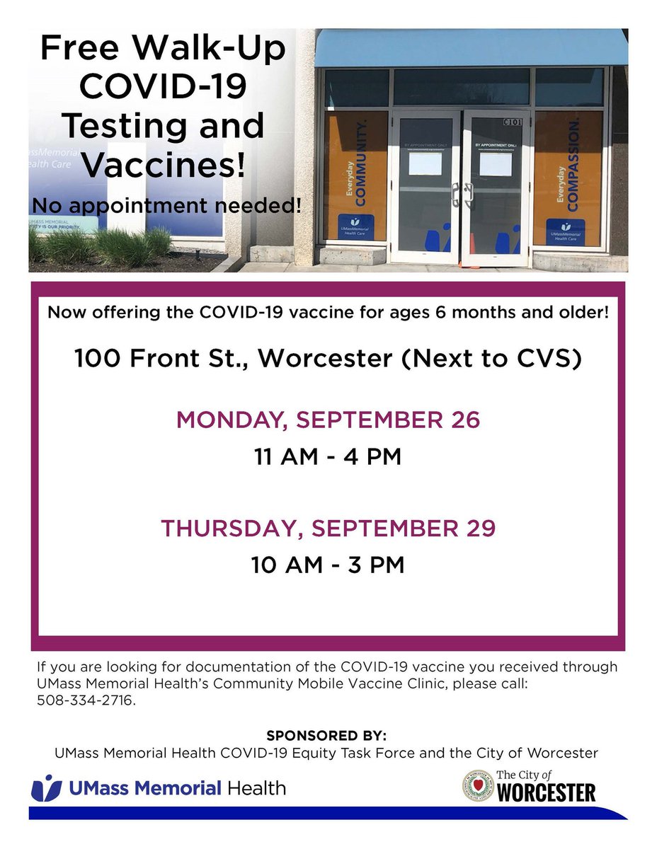 WorcesterDPH's tweet photo. #COVID19 PCR testing and vaccines/boosters are back at the @umassmemorial Mercantile Center today from 10 am - 3 pm…and they’ll be available every Monday and Thursday next month, too! October dates posted soon. https://t.co/OLEP76jO5c