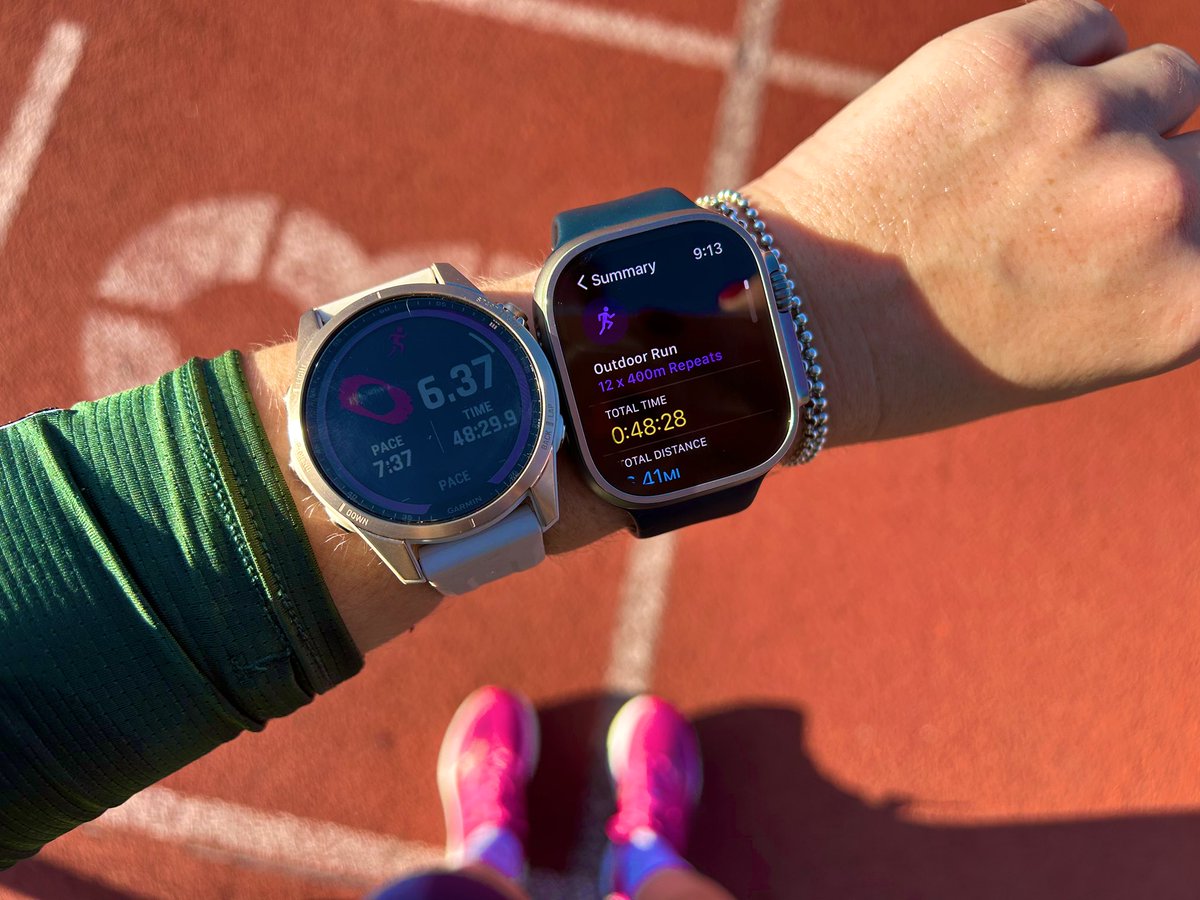 All the cool kids wear two watches to the track, right? (Also, note how much brighter the Ultra screen looks compared to the Fenix 7)