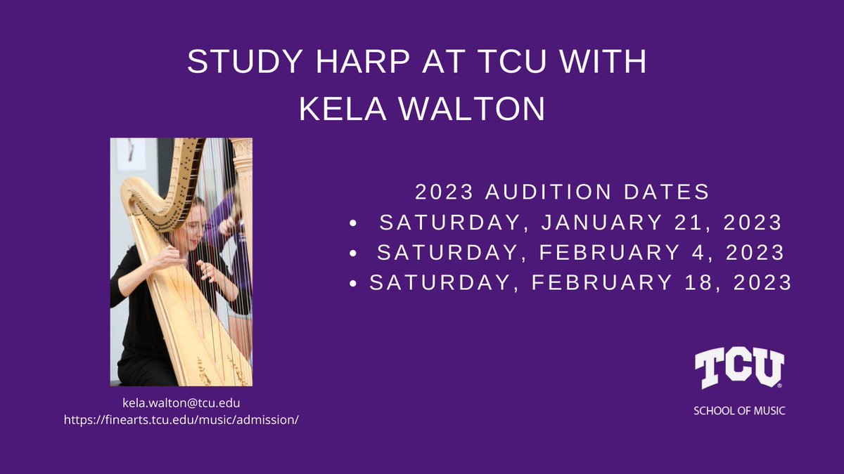 TCU_Music's tweet photo. Attention harpists! Applications are open for Fall 2023. Learn more about studying harp at TCU on our website: https://t.co/p9nJNbiB2o

#LeadOnTCUMusic https://t.co/DWGf5s5W28