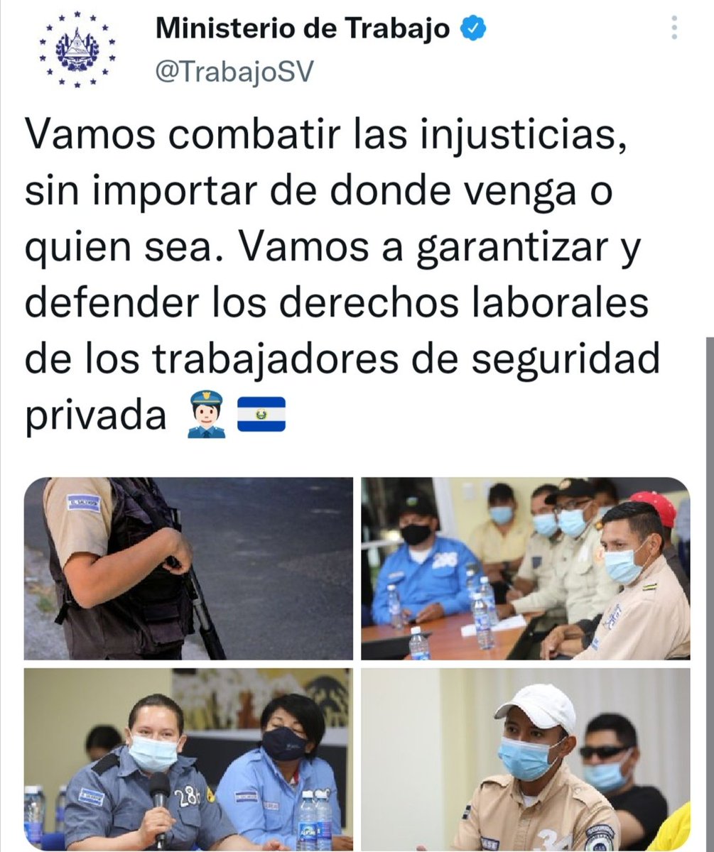 UstraspesO's tweet photo. Cómo organizaciones de salud pública, vamos a seguir mostrando nuestra solidaridad con un el sector más desprotegido seguridad privada.
Felicitamos al presidente @nayibbukele y al Ministro de @TrabajoSV por luchar y buscar dignificar este sector tan olvidado por décadas. https://t.co/k3kPdcFouw